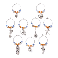 Mixed Shapes Sports Theme Tibetan Style Alloy Wine Glass Charms, with Imitate Austrian Crystal Bicone Glass Beads, Mixed Shapes, Mixed Shapes, 44~59mm, Pendants: 15~29x7~14.5x1.5~7.5mm