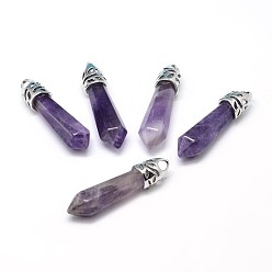 Amethyst Bullet Platinum Plated Alloy Natural Amethyst Pointed Pendants, Cadmium Free & Lead Free, 33~40x8~9mm, Hole: 3x4mm