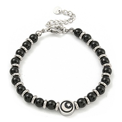 Луна 304 женские браслеты из нержавеющей стали и стекла с круглыми бусинами, чёрные, луна, 6-7/8 дюйм (17.4 см)