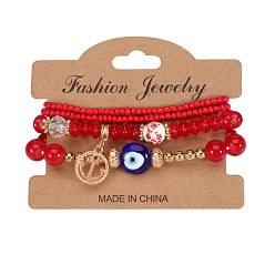 HY-2824-C Red Bohemian Anchor Pendant Multi-layer Bracelet with Devil's Eye Glass Bead Elastic Bangle Jewelry