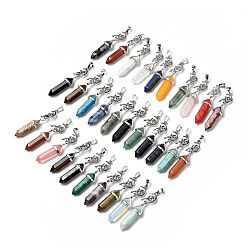 Mixed Stone Natural & Synthetic Gemstone Double Terminated Pointed Big Pendants, with Platinum Tone Brass Findings, Cadmium Free & Lead Free, Moon with Fairy & Bullet, Faceted, Mixed Dyed and Undyed, 62~66mm