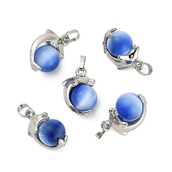 Blue Cat Eye Pendants, Round with Dolphin Charm, with Alloy Findings, Platinum, Blue, 19.5x12.5x10.5mm, Hole: 3.5x2.5mm