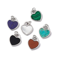 Mixed Stone Natural Mixed Stone Heart Charms, with Rack Plating Platinum Tone Brass Findings, Cadmium Free & Lead Free, 14x12x2mm, Hole: 3mm