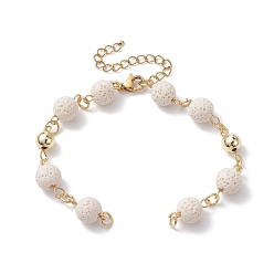 Blanc Fabrication de bracelets en chaîne de perles rondes en pierre de lave naturelle teinte, avec les accessoires en acier inoxydable d'or 304, convient aux breloques de connecteur, blanc, 6-3/4 pouce (17 cm)