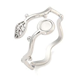 Stainless Steel Color Non-Tarnish 304 Stainless Steel Cuff Finger Ring Components, Bezel Cup Ring Settings, Flat Round & Leaf, Stainless Steel Color, Tray: 3mm, 11mm, Inner Diameter: 17mm