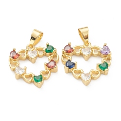 Разноцветный Латунные микропаве прозрачные подвески с фианитом, долговечный, реальный 18 k позолоченный, сердце, красочный, 17x16.5x3 мм, отверстие : 3.5x4.5 мм