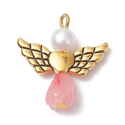 Pink Resin Imitation Pearl Pendants, Rose Angel Charms with Antique Golden Plated Alloy Heart Wings, Pink, 23.5~24x22x6.5mm, Hole: 1.8~2.2mm
