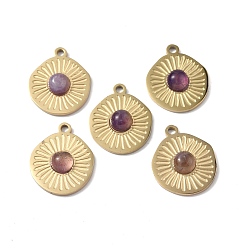 Amethyst Natural Amethyst Pendants, Flat Round Charms, with Vacuum Plating Real 18K Gold Plated 201 Stainless Steel Findings, 20.5x17x4.5mm, Hole: 2mm