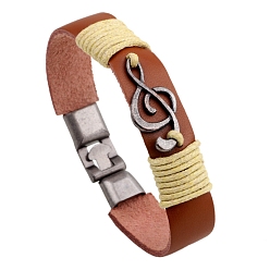 Chocolate Alloy Musical Note Link Bracelet with Leather Cords, for Men, Chocolate, 7-1/8~8-5/8 inch(18~22cm)