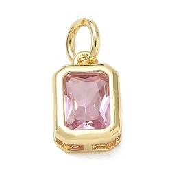 Pink Brass Pave Cubic Zirconia Charms, Rectangle Octagon Charms, Long-Lasting Plated, Rack Plating, Lead Free & Cadmium Free, Real 18K Gold Plated, Pink, 12x8x4.5mm, Hole: 4mm