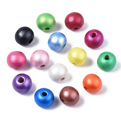 Mixed Color Painted Natural Wood Beads, Pearlized, Round, Mixed Color, 10x8.5mm, Hole: 3mm