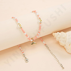 B Pink Heart Bohemian Colorful Rice Bead Handmade Necklace - Fashionable Seashell Soft Pottery Love Collar Chain.