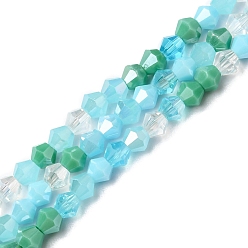 Dark Turquoise Electroplate Glass Beads Strands, Opaque & Transparent & AB Color Plated, Faceted, Bicone, Dark Turquoise, 4x4.5mm, Hole: 0.9mm, about 94~95pcs/strand, 13.86''(35.2cm)