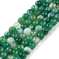 Green Natural Striped Agate/Banded Agate Beads Strands, Dyed & Heated, Faceted Round, Green, 12mm, Hole: 1.2mm, about 32pcs/strand, 15''(38.1cm)