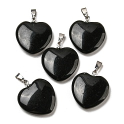 Obsidienne Pendentifs en obsidienne naturelles, cœur, avec les accessoires en laiton, platine, 22~23x20~20.5x6~7.5mm, Trou: 5x8mm