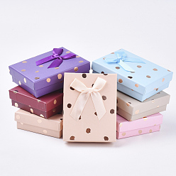 Mixed Color Cardboard Jewelry Set Boxes, with Sponge Inside, Ribbon Bowknnot, for Rings, Necklaces and Earring, Rectangle, Polka Dot Pattern, Mixed Color, 9.2x7.1x2.6cm, Inner Size: 8.6x6.5cm