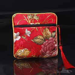 Red Square Chinese Style Cloth Tassel Bags, with Zipper, for Bracelet, Necklace, Red, 11.5x11.5cm
