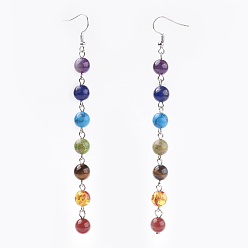 Mixed Stone Chakra Jewelry, Natural & Synthetic Gemstone Beads Dangle Earrings, with Platinum Tone Brass Hooks, 114mm, Pin: 0.6mm
