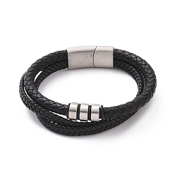 Stainless Steel Color Black Microfiber Braided Cord Triple-strand Bracelet with 304 Stainless Steel Magnetic Clasps, Column Beaded Punk Wristband for Men Women, Stainless Steel Color, 8-5/8 inch(22cm)