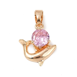 Сливовый Латунные микро проложить кубического циркония подвески, прелести дельфинов, долговечный, без свинца и без кадмия, слива, 18x15x4.5 мм, отверстие : 4.5x3 мм