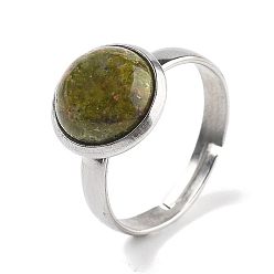 Унакит Полукруглые натуральные перстни из унакита, 304 регулируемые кольца из нержавеющей стали для женщин, круглые кабошоны: 10мм, размер США 6 (16.5 мм), 3 мм