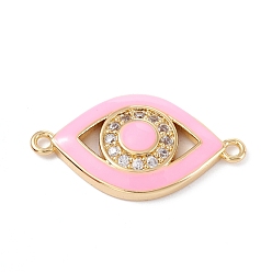 Pink Brass Micro Pave Clear Cubic Zirconia Links, with Enamel, Golden, Long-Lasting Plated, Eye, Pink, 25x13x3mm, Hole: 1.5mm