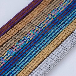 Mixed Color Electroplate Non-magnetic Synthetic Hematite Beads Strands, Frosted, Square, Mixed Color, 4x4x1mm, Hole: 1mm, about 395pcs/strand, 15.5 inch(39.5cm).