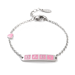 Бледно-Розовый 201 браслеты в форме сердца и прямоугольника из нержавеющей стали с звеньями Word Baby, женские браслеты с эмалью, розовый жемчуг, 6-1/2 дюйм (16.5 см)