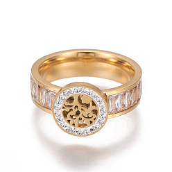Золотой 304 палец кольца из нержавеющей стали, с полимерным глинистым горным хрусталем и кубическим цирконием, плоско-круглые, золотые, Размер 6~9, 16~19 мм