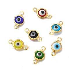 Mixed Color Ion Plating(IP) 304 Stainless Steel Connector Charms, Flat Round Links with Evil Eye Pattern, with Glass Enamel, Real 18K Gold Plated, Mixed Color, 13x6.5x2.5mm, Hole: 1.5mm