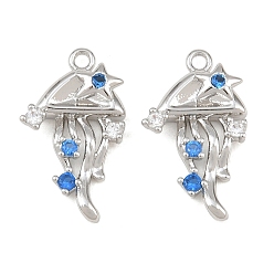 Silver Brass Micro Pave Blue Cubic Zirconia Pendants, Jellyfish Charms, Silver, 20x12x4mm, Hole: 1.4mm