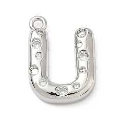 Letter U Латунные микропаве прозрачные подвески с фианитом, без кадмия и без свинца, долговечный, стойки покрытие, платина, Буква U, 21x15.5x4 мм, отверстие : 1.8 мм
