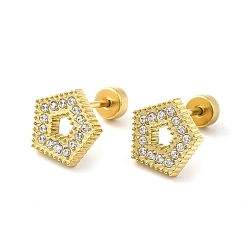 Real 14K Gold Plated 304 Stainless Steel Stud Earrings with Rhinestone, Hollow Pentagon, Real 14K Gold Plated, 9x9mm