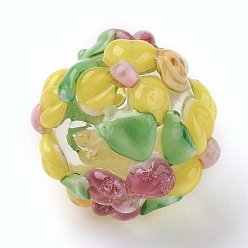 Yellow Handmade Lampwork Beads, Rondelle with Flower, Bumpy, Yellow, 14~15x12~13mm, Hole: 1.5~1.8mm