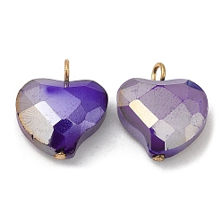 Purple Imitation Jade Glass Pendants, with Golden Brass Loops, Heart Charms, Purple, 18x17x6.5~7mm, Hole: 2~2.5mm