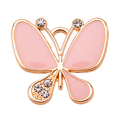 Pink Alloy Enamel Pendants, with Rhinestone, Butterfly Charm, Golden, Pink, 21x19mm