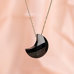 Obsidian Natural Obsidian Moon Pendant Necklaces, Golden Tone Titanium Steel Cable Chain Necklaces for Women, 15.75 inch(40cm)