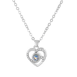 Platinum I Love You in 100 Languages Glass Projection Necklace, Rhinestone Heart Pendant Necklace with Alloy Chains, Platinum, 17.72 inch(45cm)