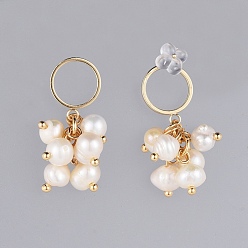 Real 18K Gold Plated Dangle Stud Earrings, Cluster Earrings, with Natural Freshwater Pearl Beads, Brass Findings and Plastic Ear Nuts, Real 18K Gold Plated, 27mm, Pin: 0.8mm