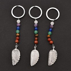 Quartz Crystal Natural Quartz Crystal Feather Keychain, with Chakra Gemstone Bead and Platinum Tone Rack Plating Brass Findings, 11.4cm