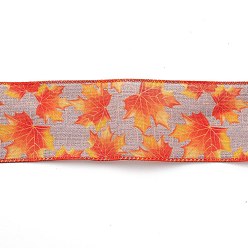 Orange Red 10M Thanksgiving Day Theme Wired Linen Ribbon, Maple Leaf Pattern, Orange Red, 2-1/2 inch(63mm), about 10.94 Yards(10m)/Roll