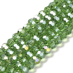 Green Transparent Glass Beads, 32 Facets, AB Color Plated, Round, Green, 8x7~7.5mm, Hole: 1.5mm, about 66pcs/strand, 18.82''~19.06''(47.8~48.4cm)