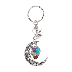 Antique Silver Moon & Angel Alloy Pendant Keychain, 7 Chakra Gemstone Chip Pendant Keychain, Antique Silver, 9cm