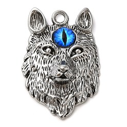 Antique Silver Alloy with Glass Pendants, Wolf Head with Evil Eye Charms, Antique Silver, 43x29x12mm, Hole: 3mm