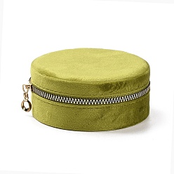 Yellow Green Round Velvet Jewelry Storage Zipper Boxes, Portable Travel Jewelry Case for Rings Earrings Bracelets Storage, Yellow Green, 10.5x4.5cm