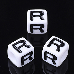 Letter R Acrylic Horizontal Hole Letter Beads, Cube, Letter R, White, Size: about 7mm wide, 7mm long, 7mm high, hole: 3.5mm, about 2000pcs/500g