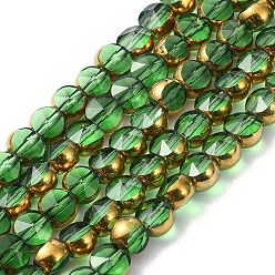 Green Half Plated Electroplate Transparent Glass Beads Strands, Antique Bronze Plated, Flat Round, Faceted, Green, 6x5mm, Hole: 1.2mm, about 50pcs/strand, 11.22''(28.5cm)