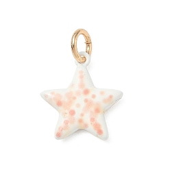 Salmon Spray Painted Brass Pendants, Star Charms, Golden, Salmon, 16x14.5x3mm, Hole: 3.8mm