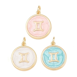 Gemini Brass Enamel Pendants, Flat Round & Constellation Charms, Rack Plating, Long-Lasting Plated, Cadmium Free & Lead Free, Golden, Gemini Charms, 17.5x15x2mm, Hole: 3mm