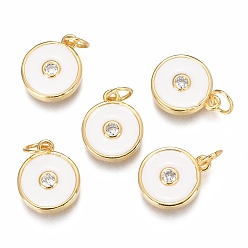 White Brass Micro Pave Clear Cubic Zirconia Charms, Long-Lasting Plated, with Enamel & Jump Rings, Flat Round, Real 18K Gold Plated, White, 13.2x11x2.7mm, Hole: 3mm, Jump Ring: 5x0.8mm